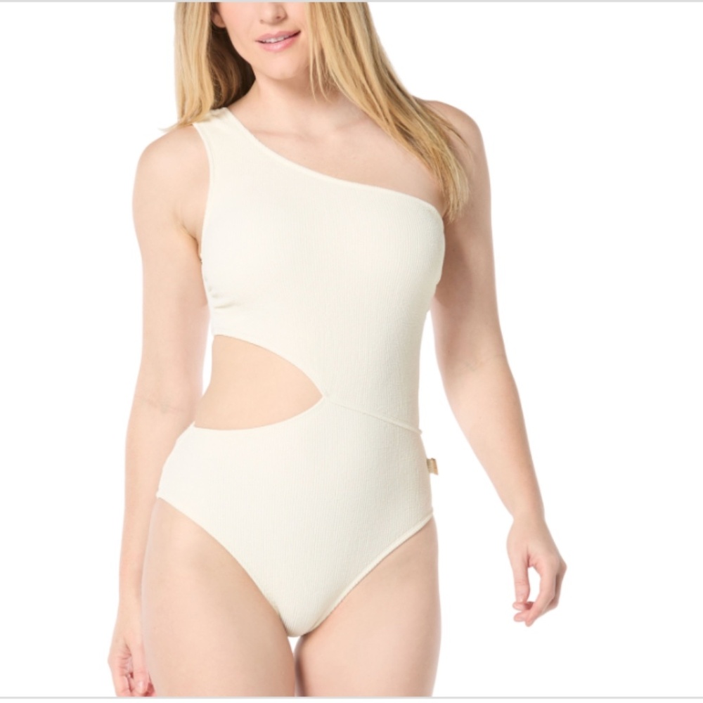 NWT Michael Michael Kors Women's One-Shoulder Side-Cutout Swimsuit - Ivory